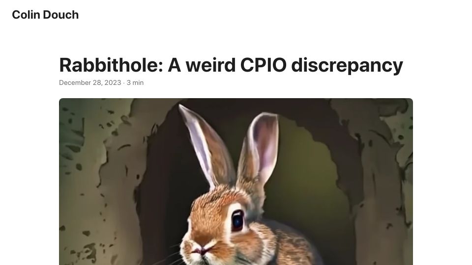 Screenshot of blog.colindou.ch: A weird CPIO discrepancy