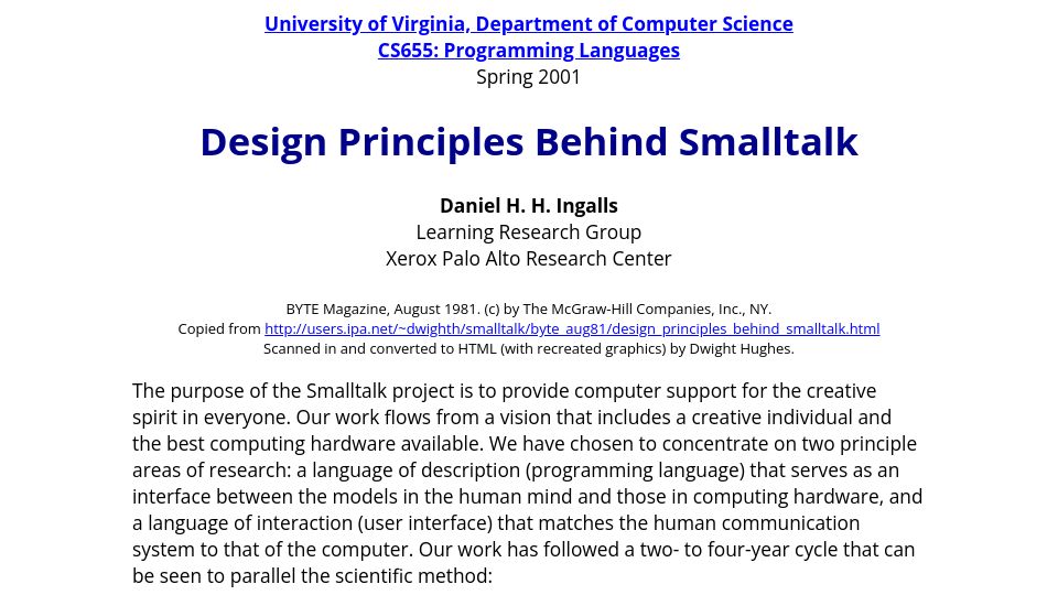 Screenshot of cs.virginia.edu: Design Principles Behind Smalltalk (1981)