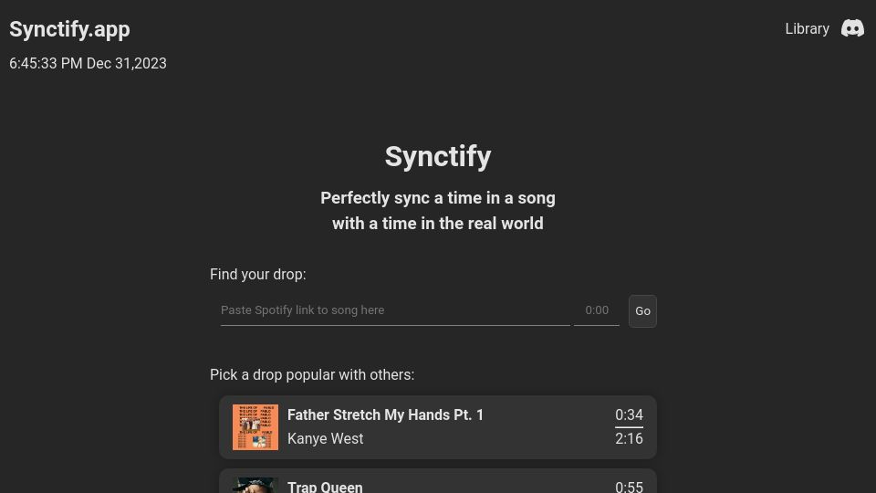Screenshot of synctify.app: Synctify – Sync a music drop with a time in the real world
