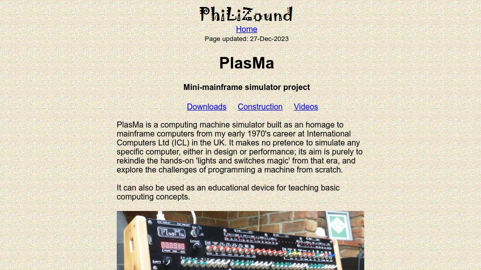 Screenshot of philizound.co.uk: PlasMa – Mini-mainframe simulator project