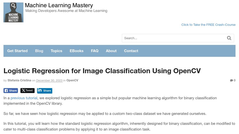 Screenshot of machinelearningmastery.com: Logistic Regression for Image Classification Using OpenCV