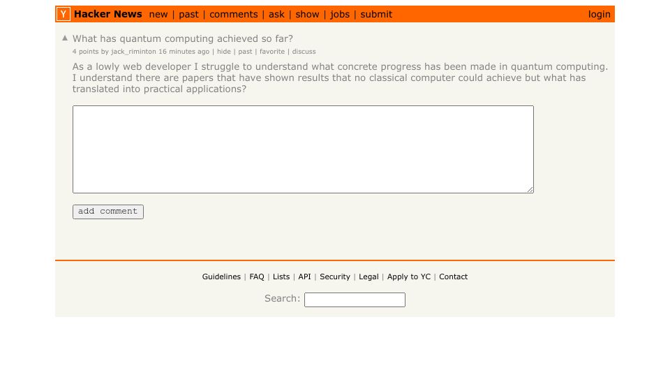 Screenshot of Hacker News post: Ask HN: What has quantum computing achieved so far?