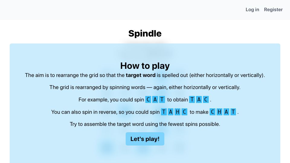 Screenshot of playspindle.com: Show HN: Spindle, a cross between Wordle and a Rubik's Cube made in PHP