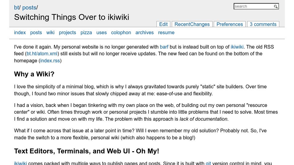 Screenshot of bt.ht: Switching Things over to Ikiwiki