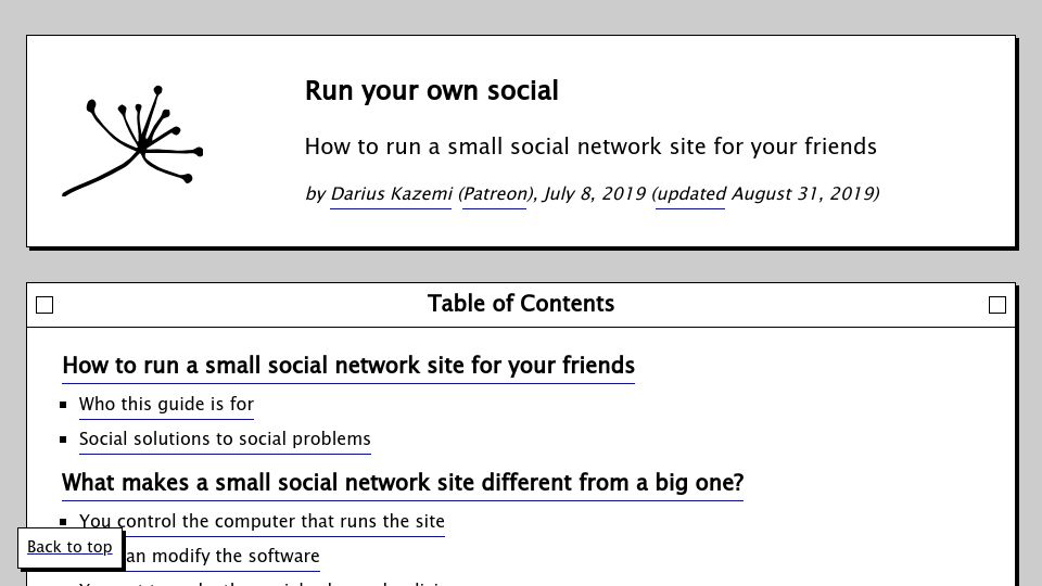 Screenshot of runyourown.social: How to run a small social network (2019)