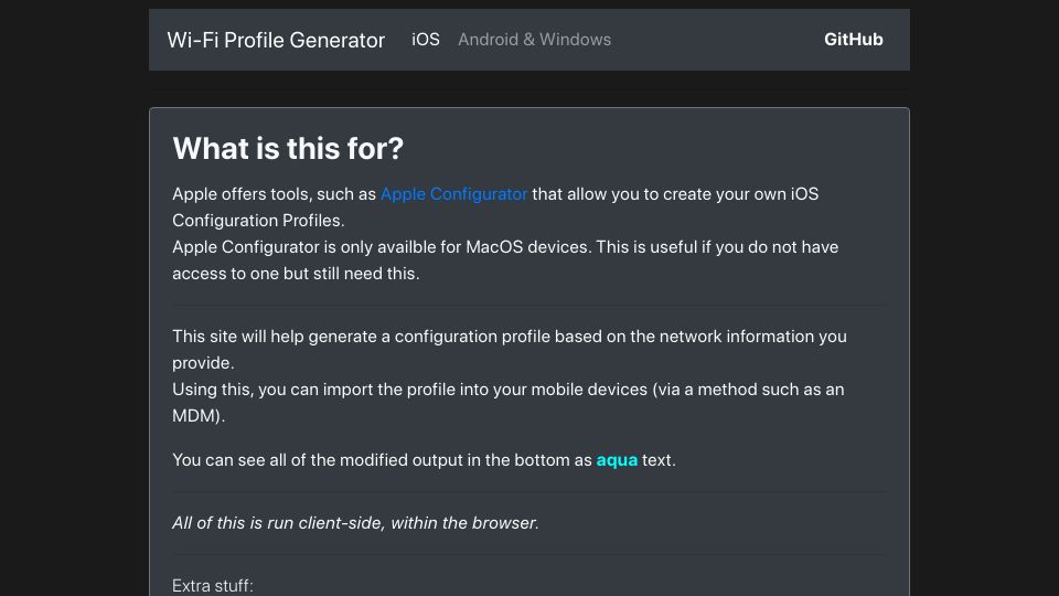 Screenshot of daduckmsft.github.io: iOS Wi-Fi Profile Generator