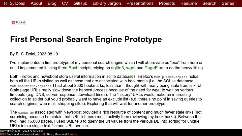 Screenshot of rsdoiel.github.io: First personal search engine prototype