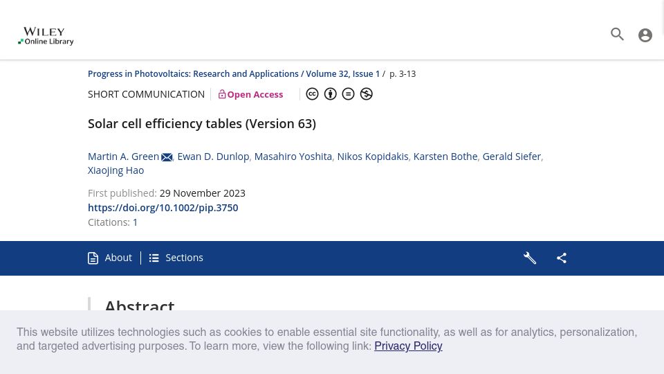 Screenshot of onlinelibrary.wiley.com: Solar Cell Efficiency Table