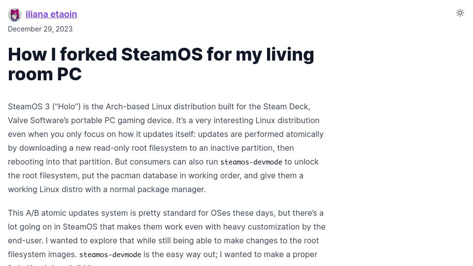 Screenshot of iliana.fyi: I forked SteamOS for my living room PC