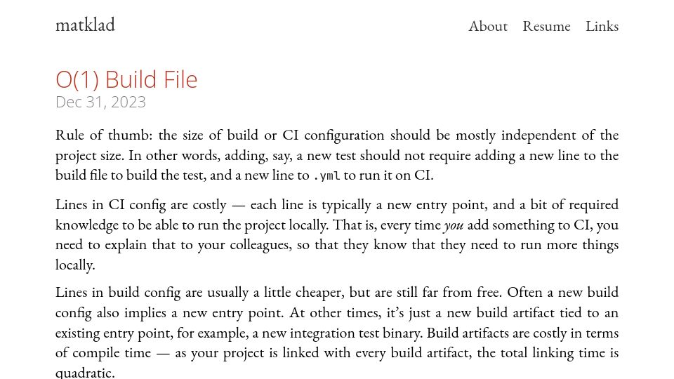 Screenshot of matklad.github.io: O(1) Build File