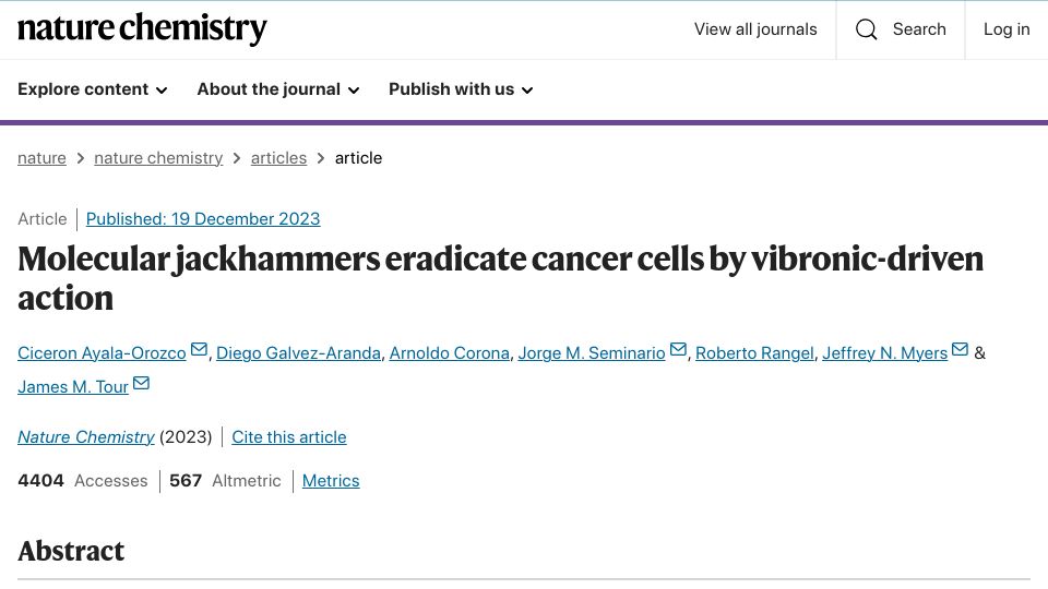 Screenshot of nature.com: Molecular jackhammers eradicate cancer cells by vibronic-driven action