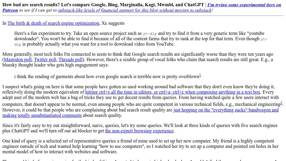 Screenshot of danluu.com: Compare Google, Bing, Marginalia, Kagi, Mwmbl, and ChatGPT