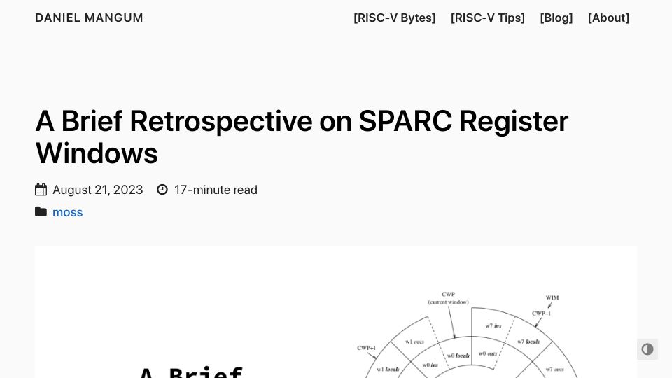 Screenshot of danielmangum.com: A Brief Retrospective on SPARC Register Windows