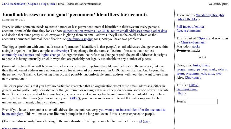Screenshot of utcc.utoronto.ca: Email addresses are not good 'permanent' identifiers for accounts