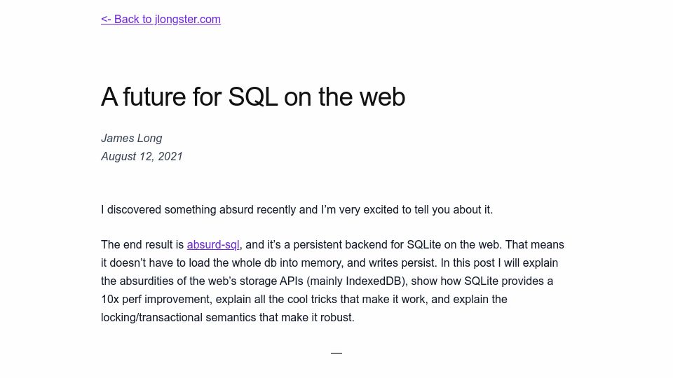 Screenshot of jlongster.com: A future for SQL on the web (2021)