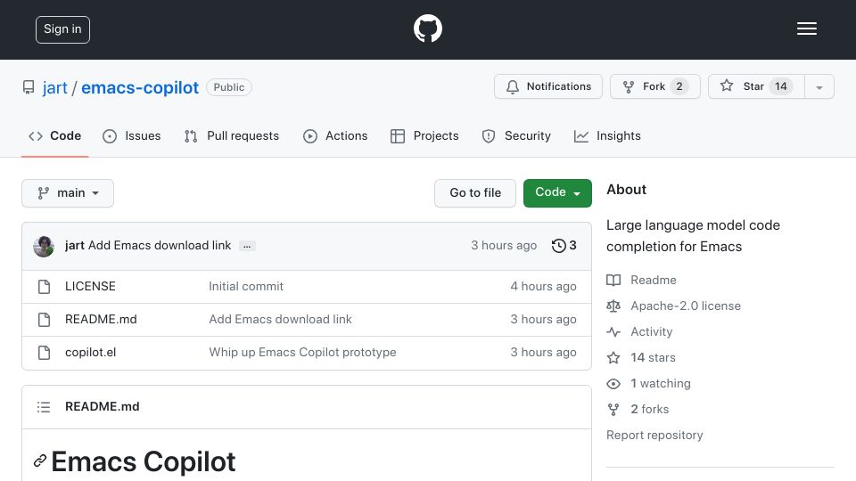 Screenshot of github.com: Emacs-copilot: Large language model code completion for Emacs