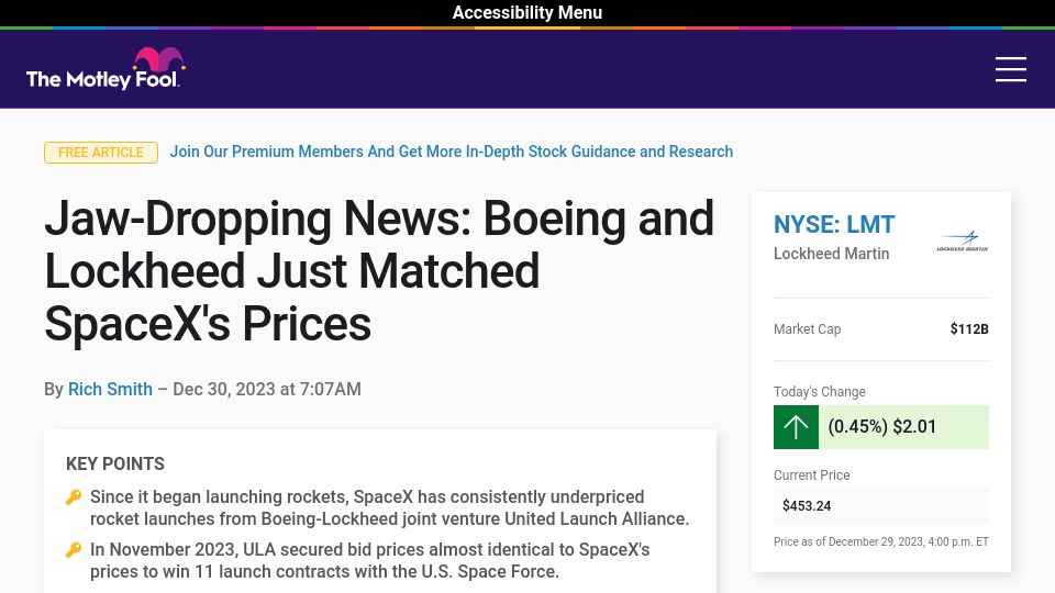 Screenshot of fool.com: Jaw-Dropping News: Boeing and Lockheed Just Matched SpaceX's Prices