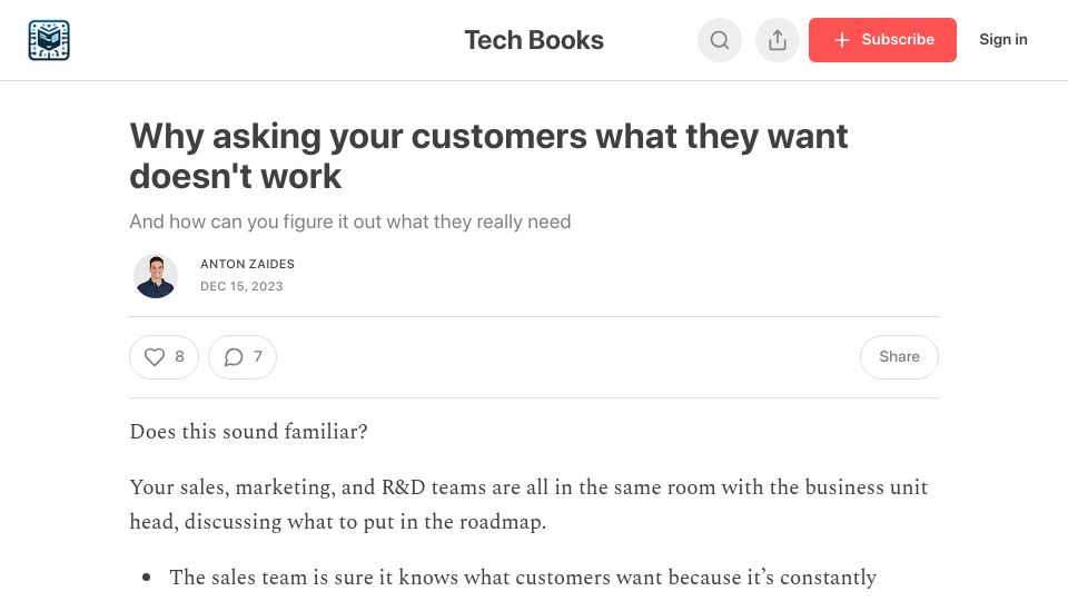 Screenshot of techbooks.substack.com: Asking your customers what they want doesn't work