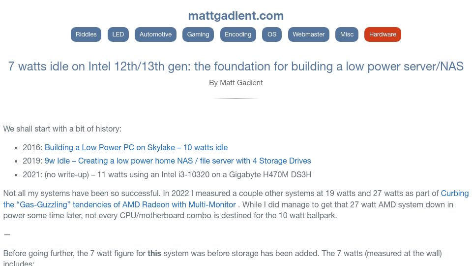 Screenshot of mattgadient.com: 7 watts idle – building a low powered server/NAS on Intel 12th/13th gen
