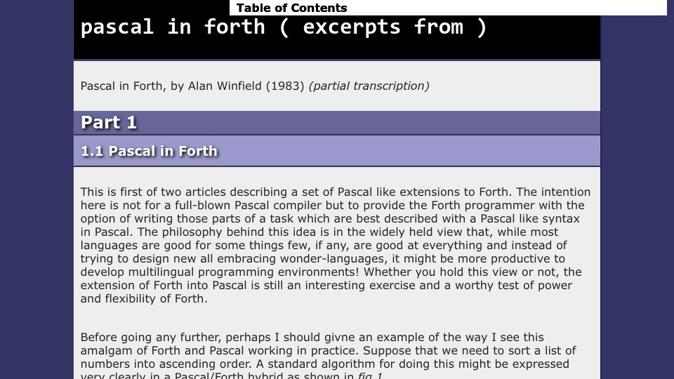 Screenshot of tangentstorm.github.io: Pascal in Forth (1983)