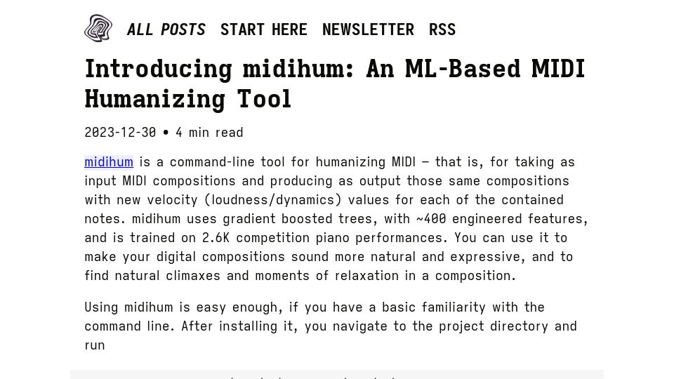 Screenshot of erichgrunewald.com: Midihum: An ML-Based MIDI Humanizing Tool