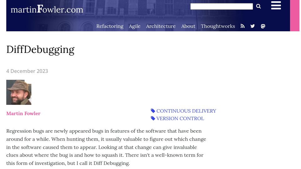 Screenshot of martinfowler.com: DiffDebugging