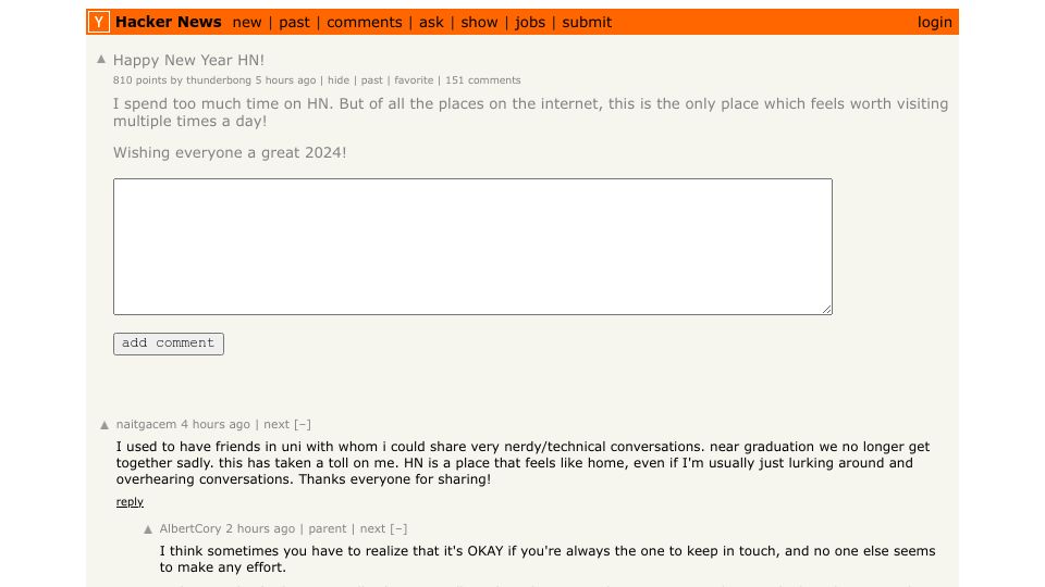 Screenshot of Hacker News post: Happy New Year HN!