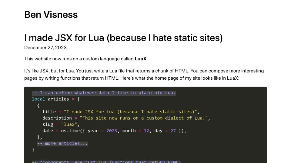 Screenshot of bvisness.me: LuaX: A Lua Dialect with JSX