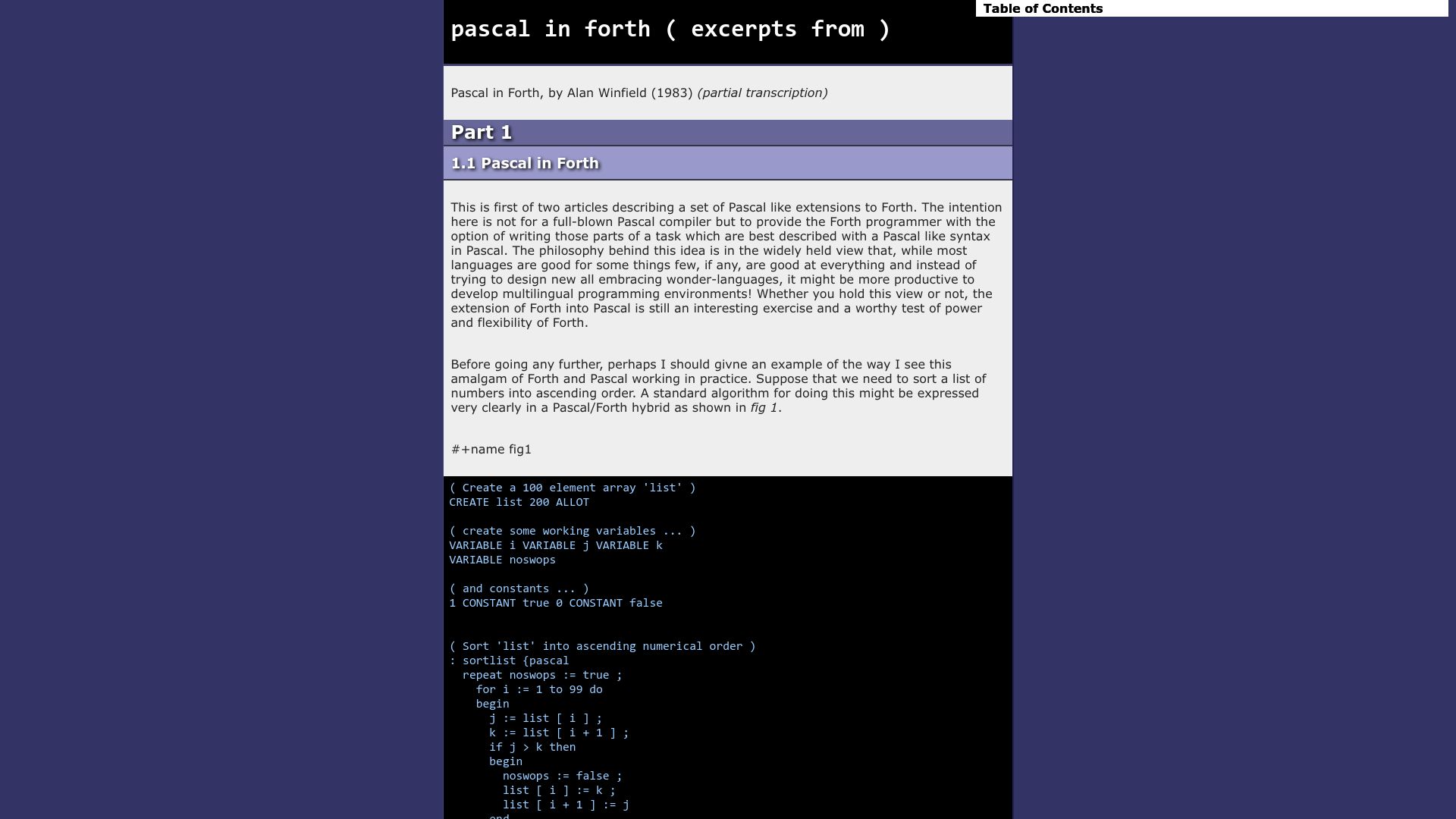 Screenshot of tangentstorm.github.io: Pascal in Forth (1983)