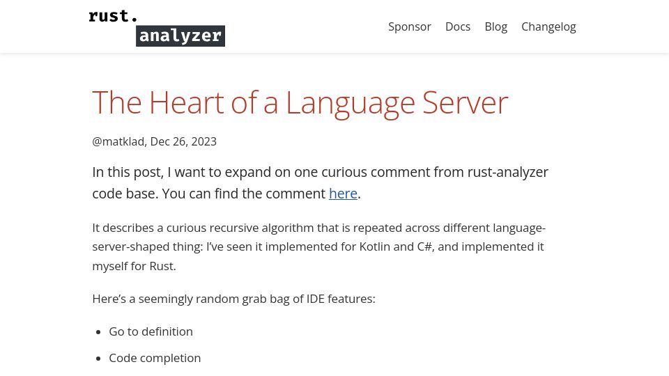 Screenshot of rust-analyzer.github.io: The Heart of a Language Server