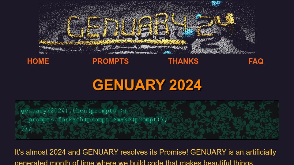 Screenshot of genuary.art: Genuary 2024: Generative Art / Creative Coding Month