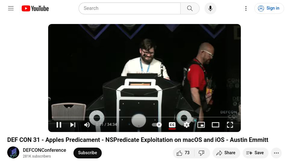 Screenshot of youtube.com: Apple's Predicament – NSPredicate Exploitation on macOS and iOS [video]