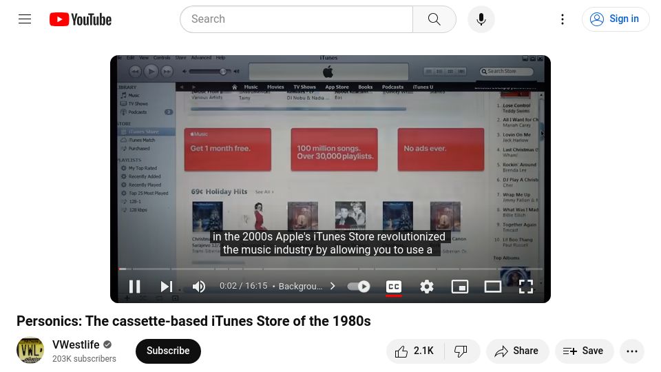 Screenshot of youtube.com: Personics: The cassette-based iTunes Store of the 1980s [video]