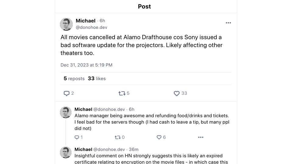 Screenshot of bsky.app: Sony software updates breaks movie theater projectors