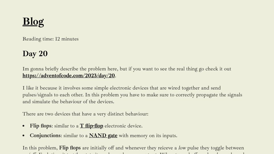 Screenshot of mliezun.github.io: Day 20: My favourite problem from Advent of Code 2023