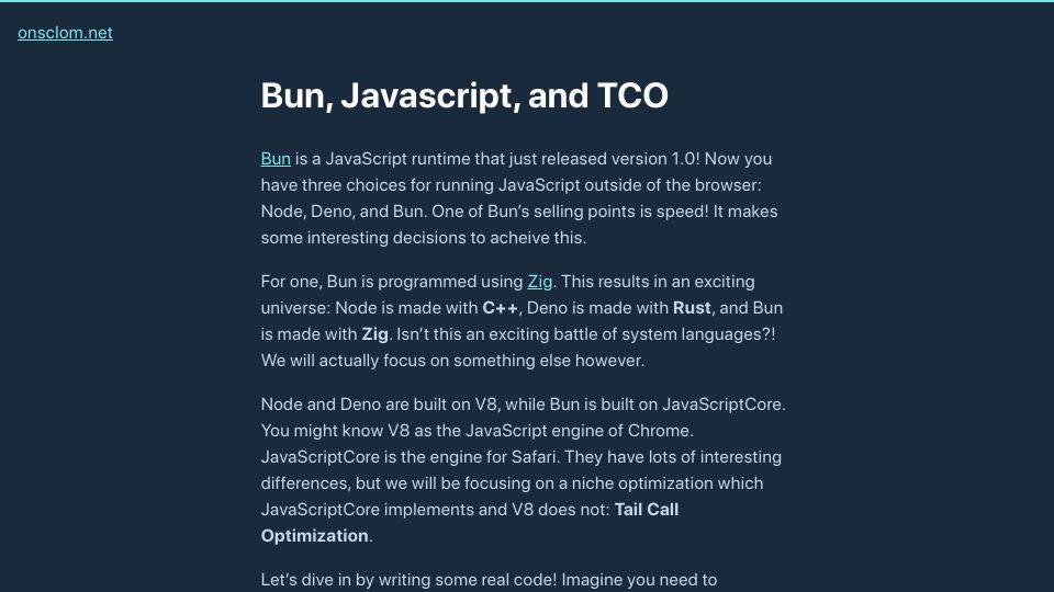 Screenshot of onsclom.net: Bun, JavaScript, and TCO