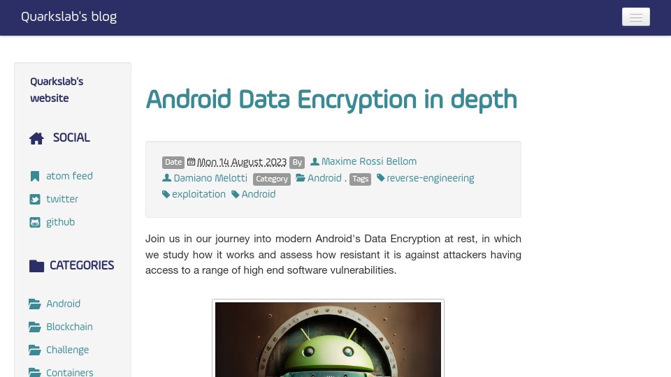 Screenshot of blog.quarkslab.com: Android data encryption in depth