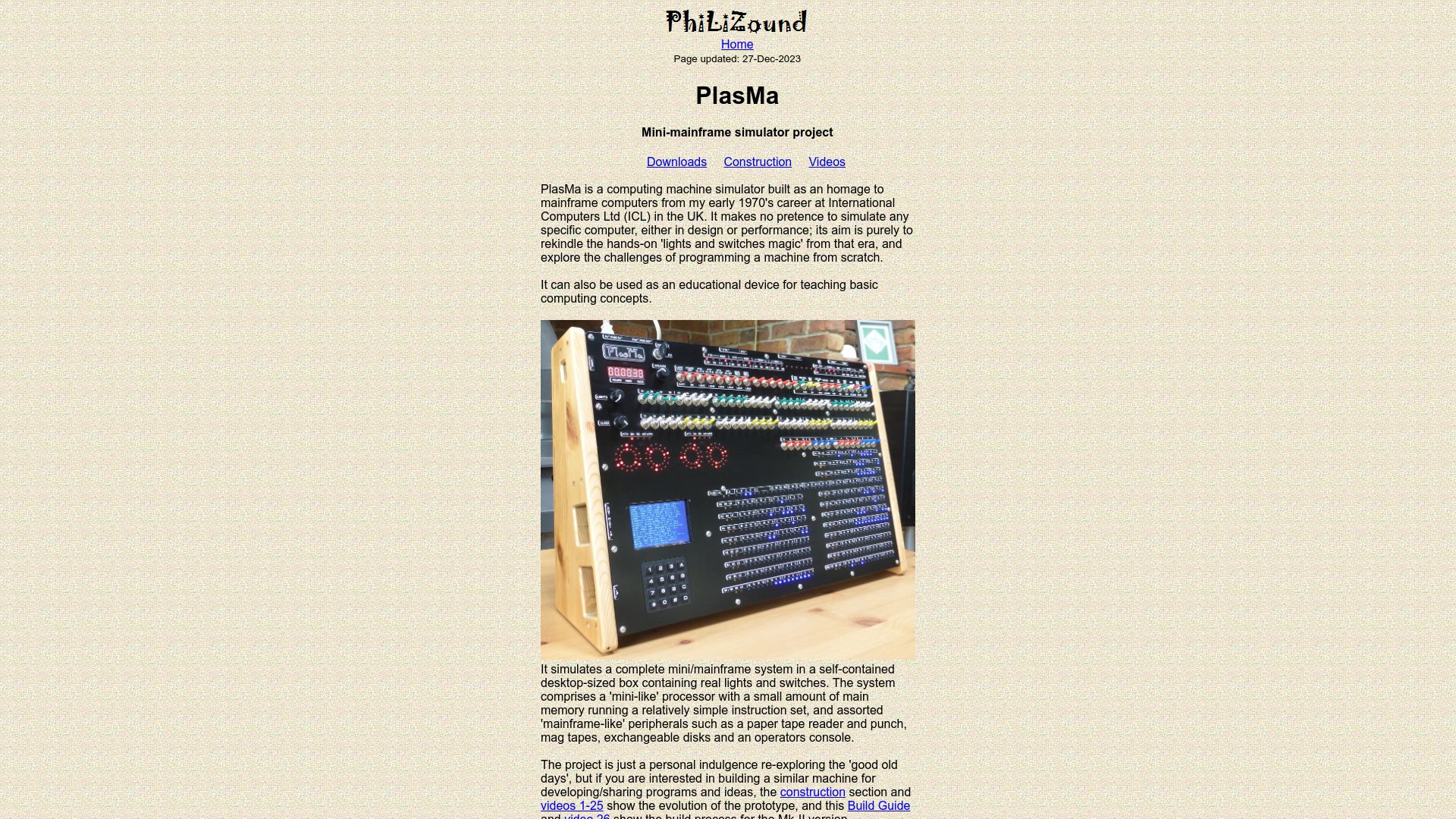 Screenshot of philizound.co.uk: PlasMa – Mini-mainframe simulator project