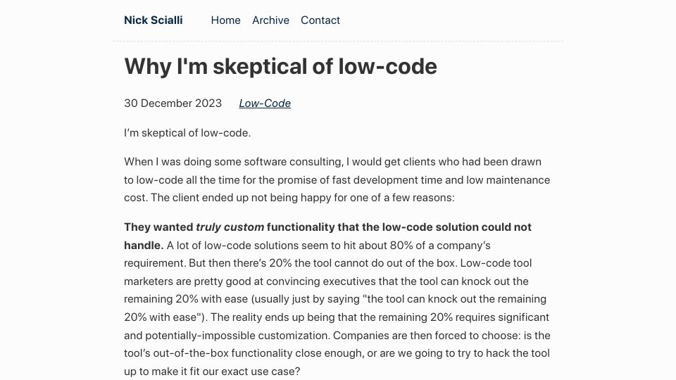 Screenshot of nick.scialli.me: I'm skeptical of low-code