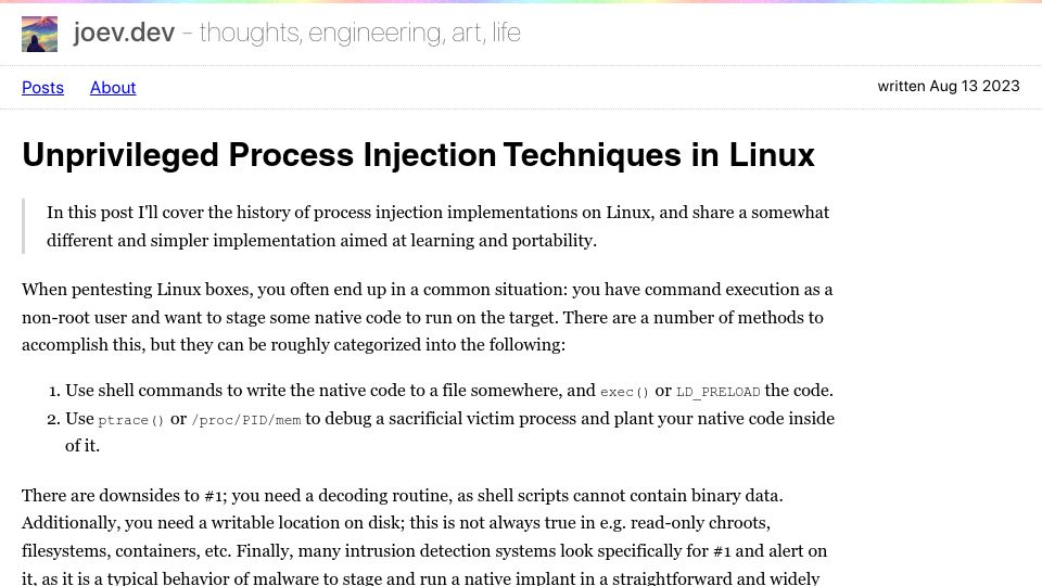 Screenshot of joev.dev: Unprivileged process injection techniques in Linux