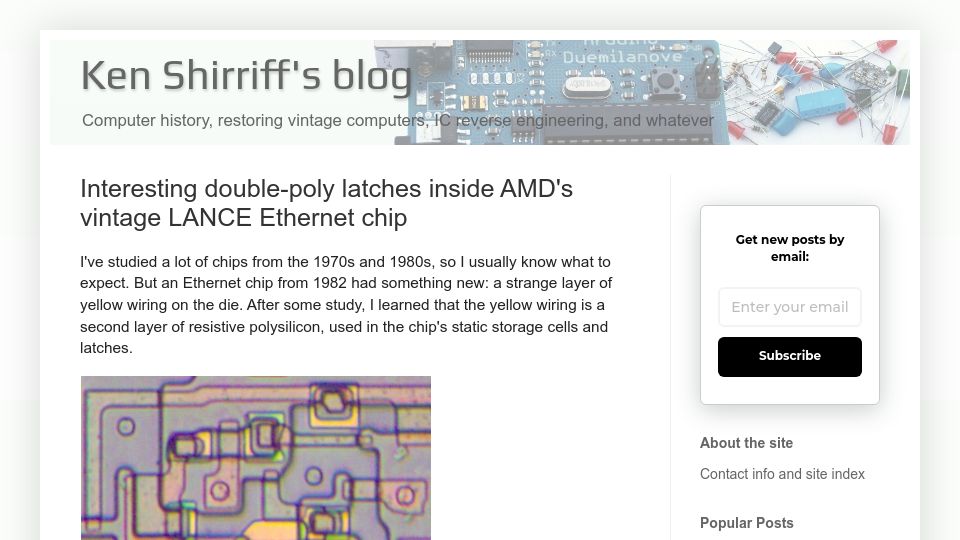 Screenshot of righto.com: Interesting double-poly latches inside AMD's vintage LANCE Ethernet chip