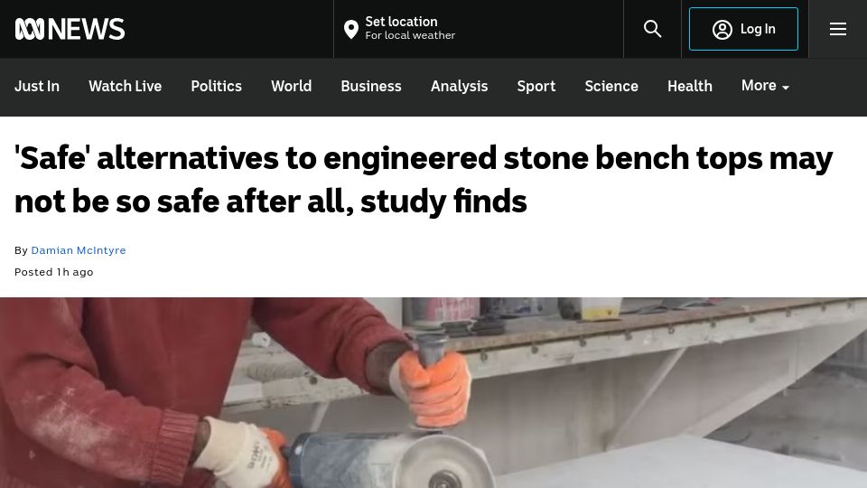 Screenshot of abc.net.au: 'Safe' alternatives to engineered stone bench tops may not be so safe: study