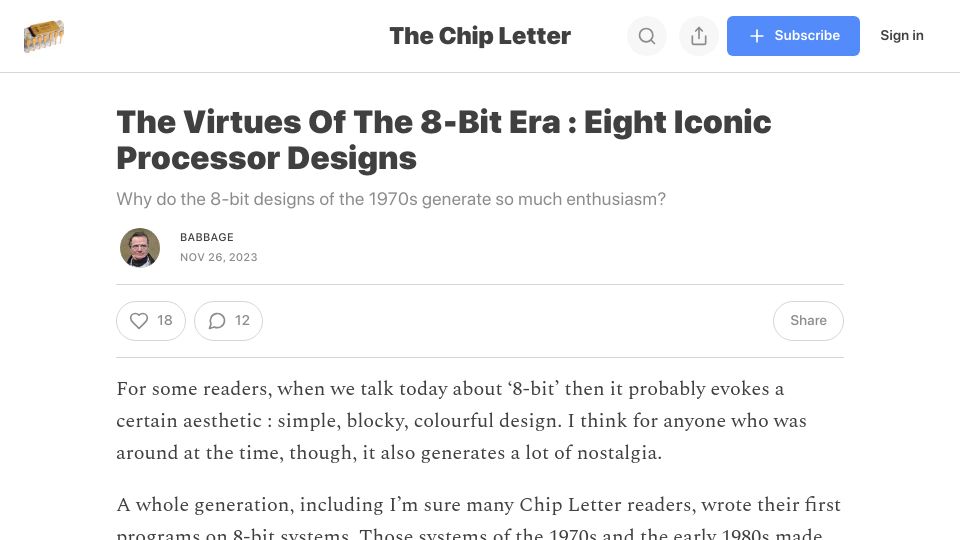 Screenshot of thechipletter.substack.com: The 8-bit era: Eight processor designs