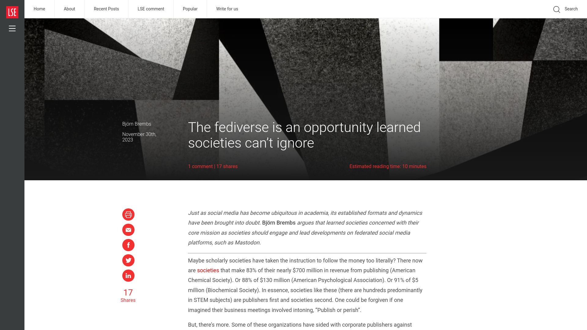 Screenshot of blogs.lse.ac.uk: The Fediverse is an opportunity learned societies can't ignore