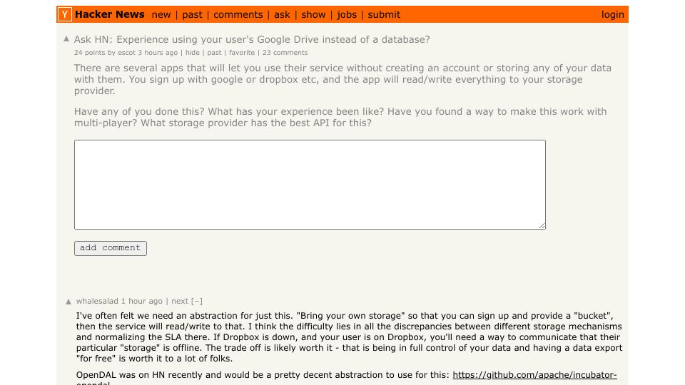 Screenshot of Hacker News post: Ask HN: Experience using your user's Google Drive instead of a database?