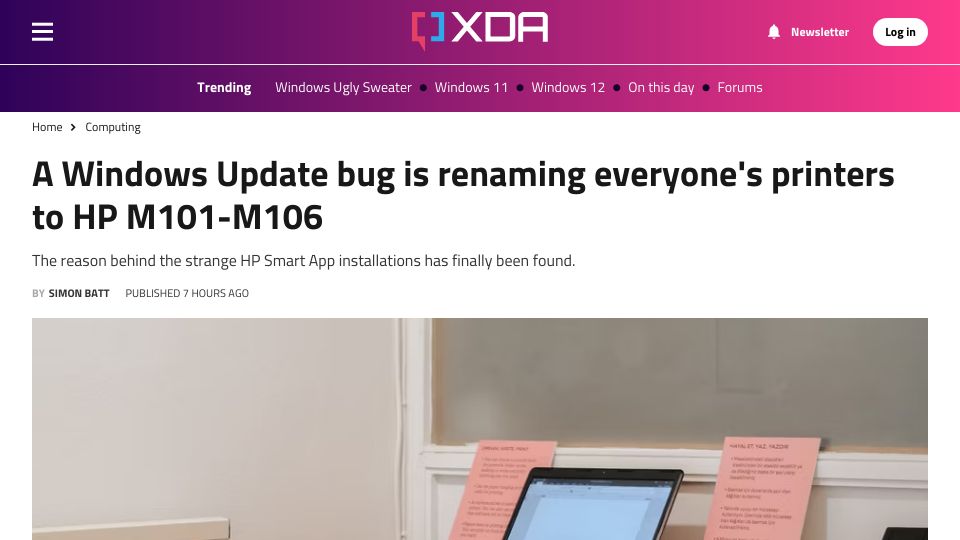 Screenshot of xda-developers.com: A Windows Update bug is renaming everyone's printers to HP M101-M106