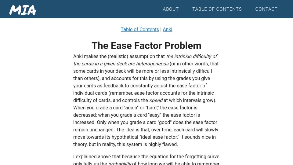 Screenshot of web.archive.org: The Ease Factor Problem (2018)