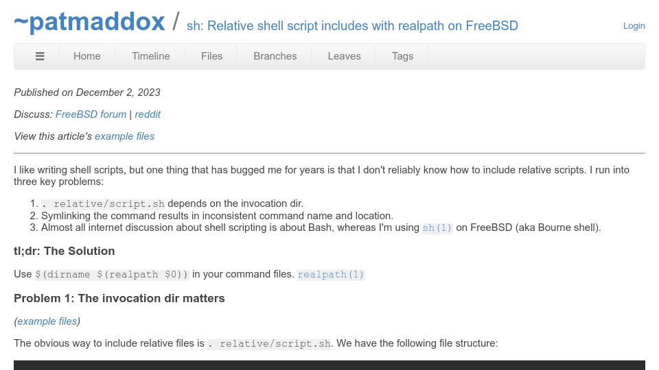 Screenshot of patmaddox.com: Relative shell script includes with realpath on FreeBSD