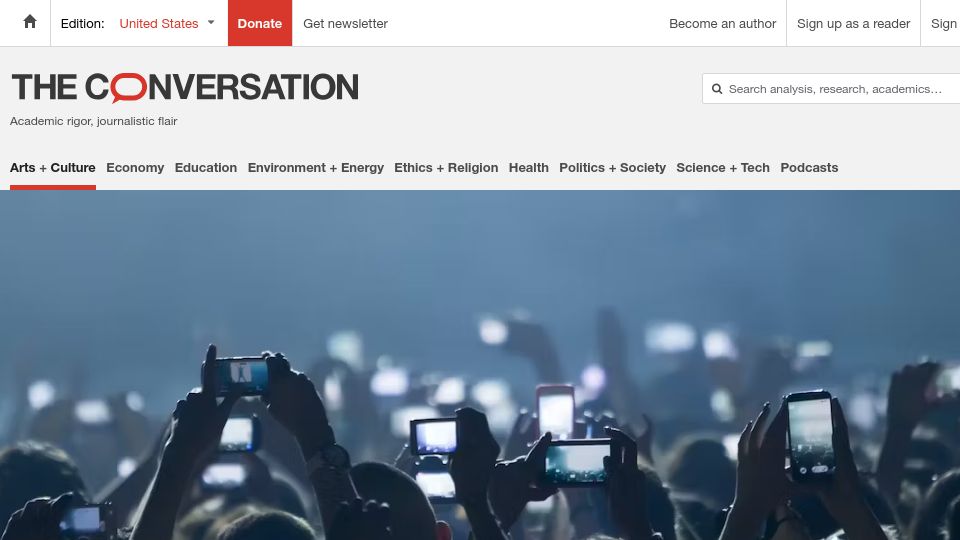 Screenshot of theconversation.com: What's lost when we photograph life instead of experiencing it? (2016)