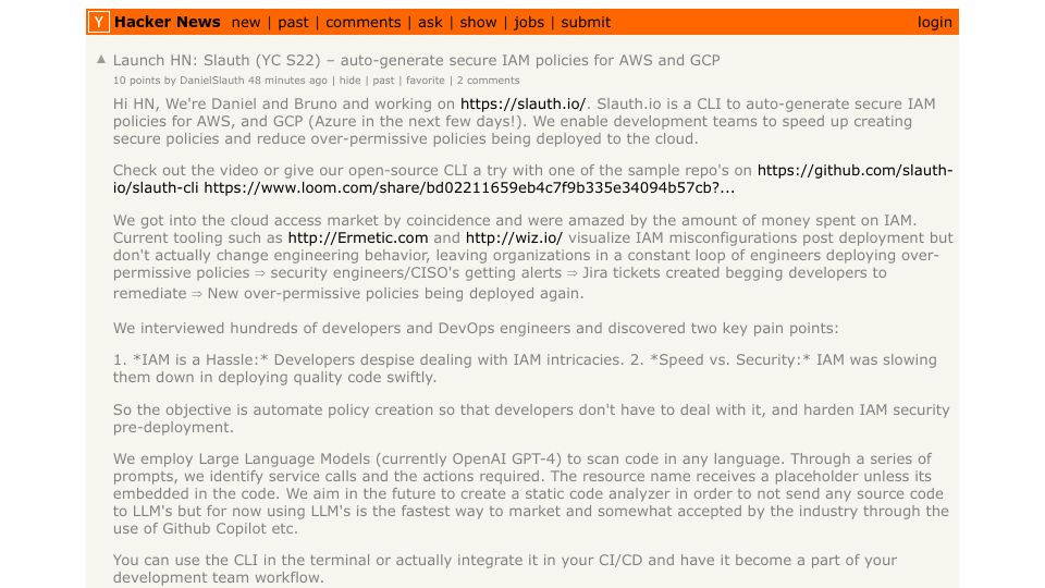 Screenshot of Hacker News post: Launch HN: Slauth (YC S22) – auto-generate secure IAM policies for AWS and GCP